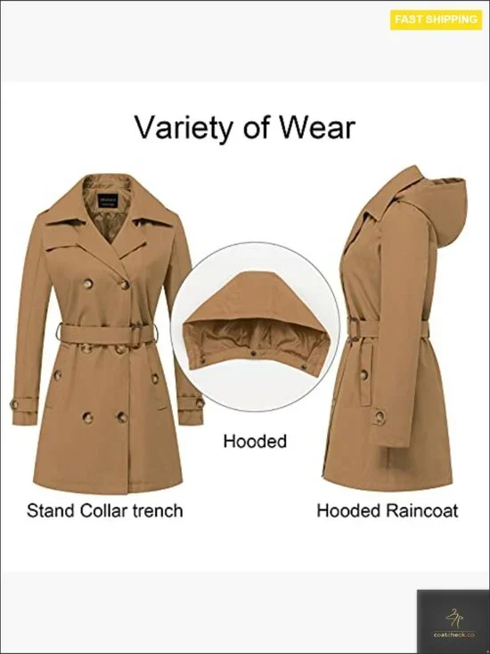 Classic Double-Breasted Trench Coat Slim Fit Detachable Hood Waterproof - Picture 3 of 6